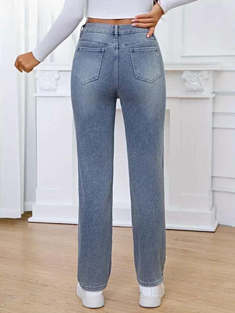Luxe jeans met hoge taille, versierd met parels, gemaakt van een niet-elastische katoenmix en voorzien van zakken.