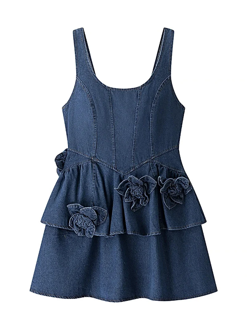 Luxe denimjurk met ruches - gelaagd bloemenpatroon, 100% polyester, elegante zomerstijl