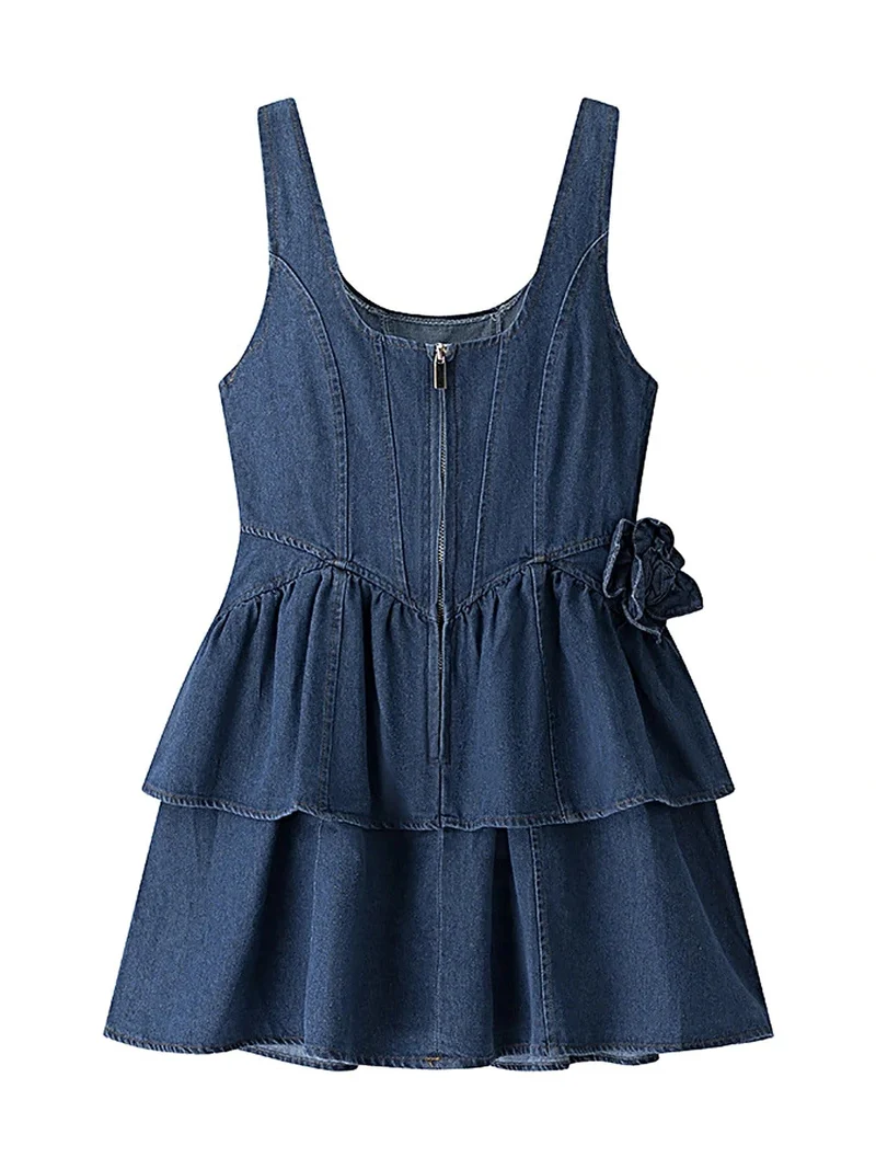 Luxe denimjurk met ruches - gelaagd bloemenpatroon, 100% polyester, elegante zomerstijl