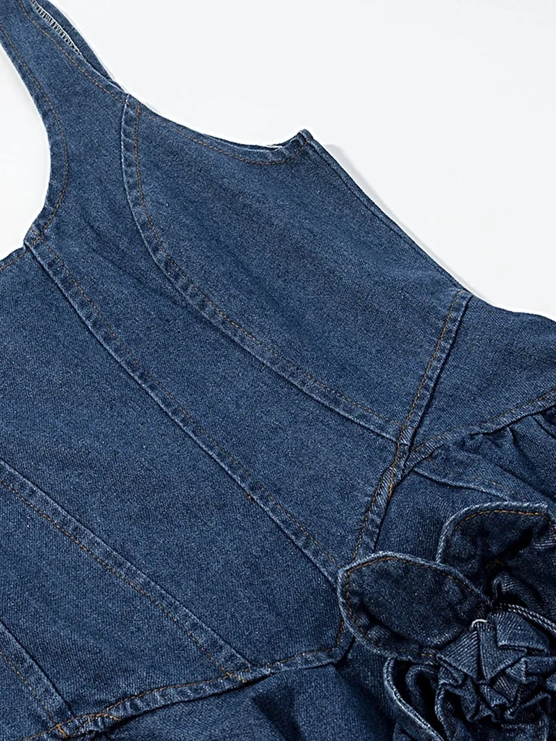 Luxe denimjurk met ruches - gelaagd bloemenpatroon, 100% polyester, elegante zomerstijl