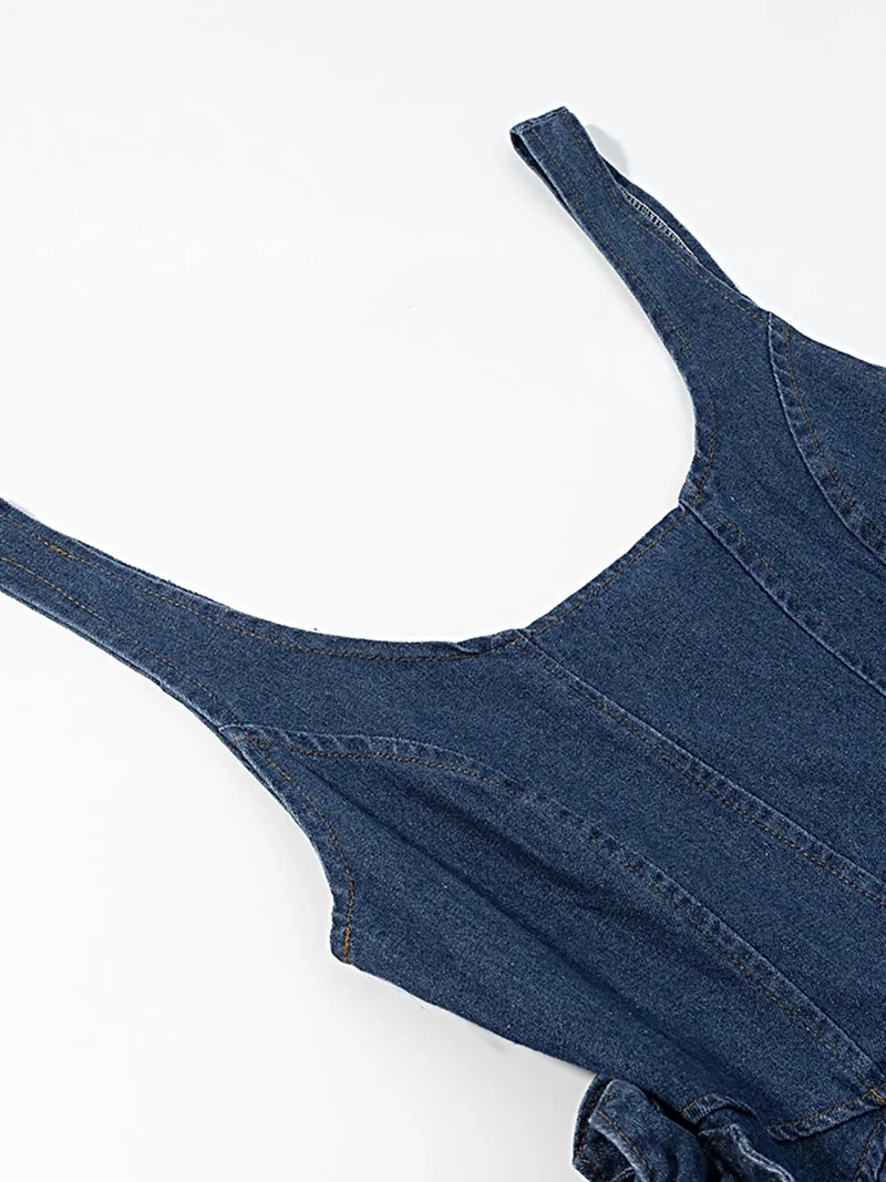 Luxe denimjurk met ruches - gelaagd bloemenpatroon, 100% polyester, elegante zomerstijl