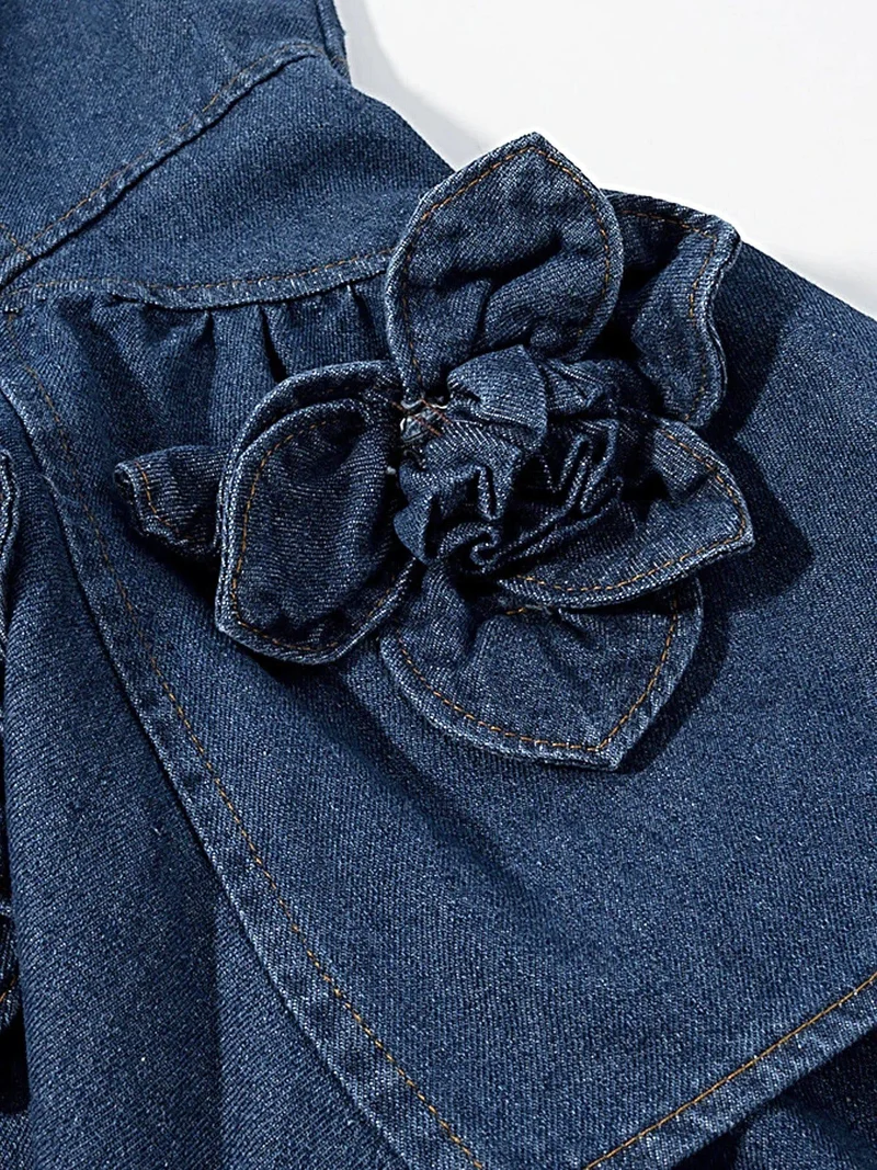 Luxe denimjurk met ruches - gelaagd bloemenpatroon, 100% polyester, elegante zomerstijl