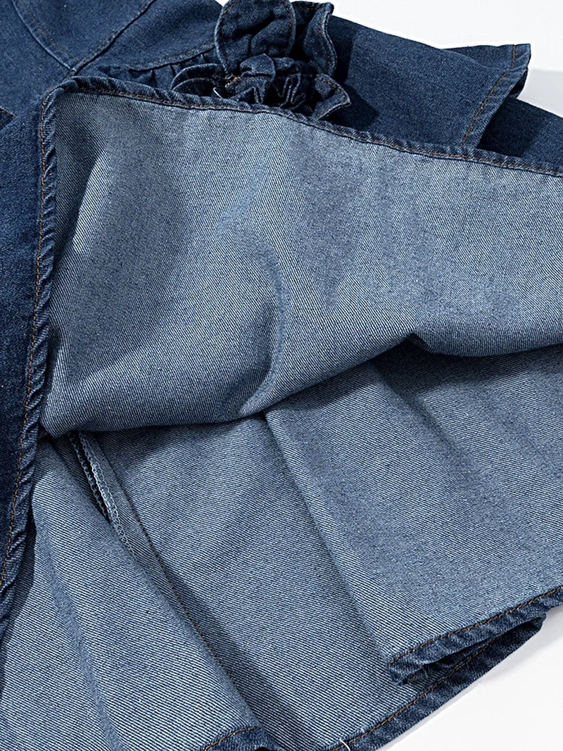 Luxe denimjurk met ruches - gelaagd bloemenpatroon, 100% polyester, elegante zomerstijl