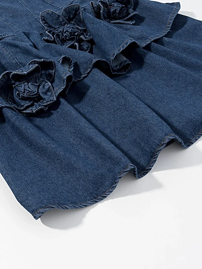 Luxe denimjurk met ruches - gelaagd bloemenpatroon, 100% polyester, elegante zomerstijl