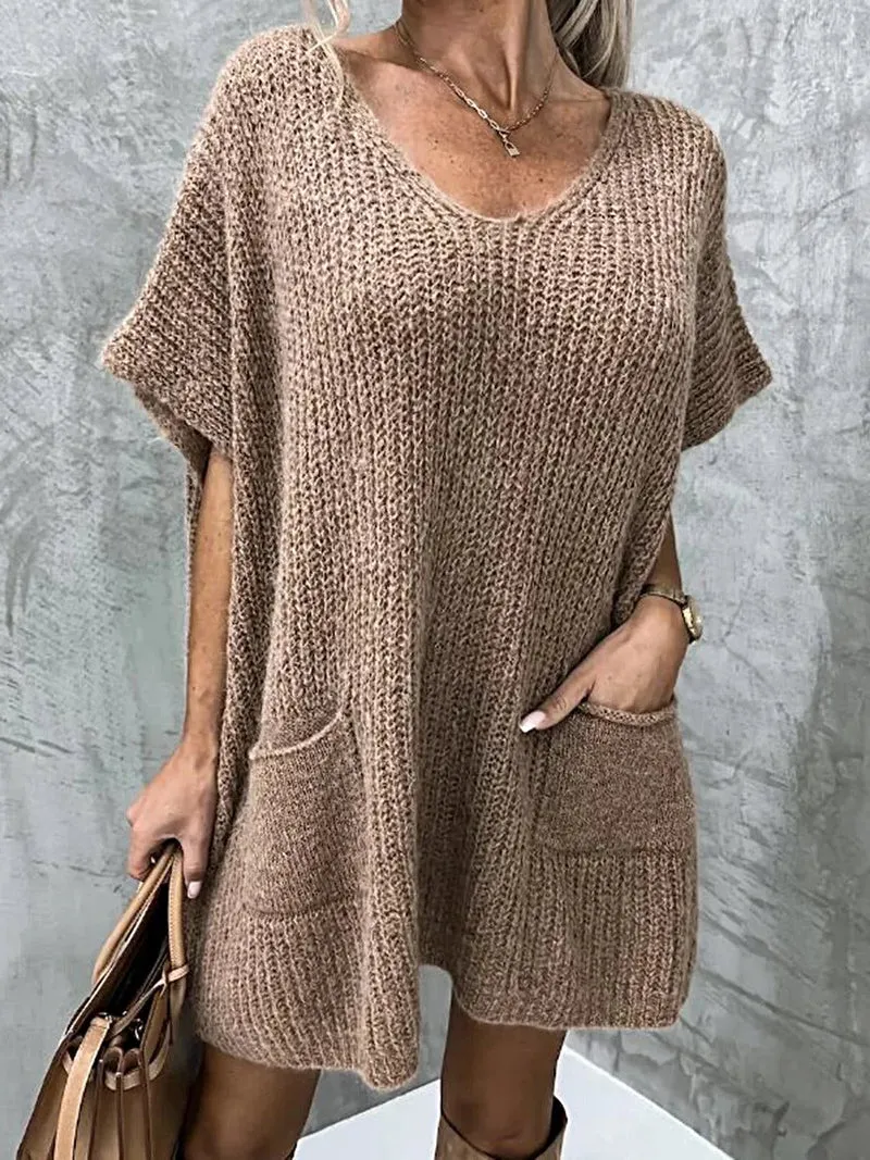 Damesjurk met korte mouwen en zakken - Elegante stretch gebreide stijl