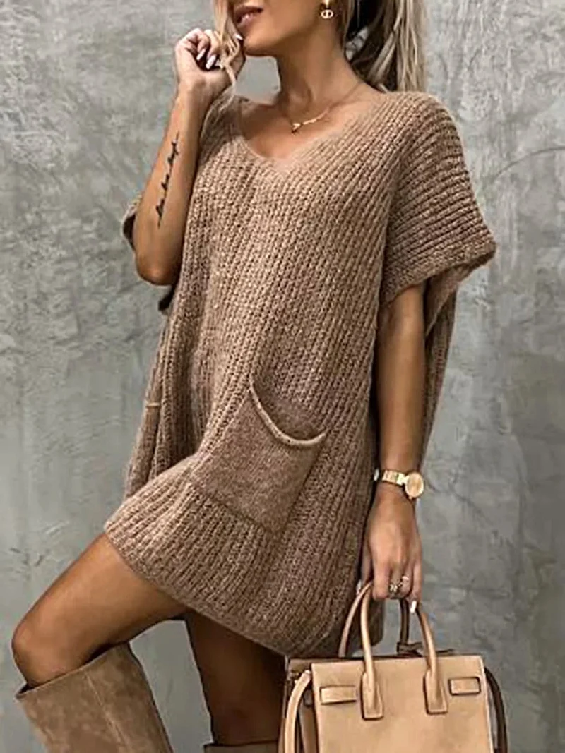 Damesjurk met korte mouwen en zakken - Elegante stretch gebreide stijl
