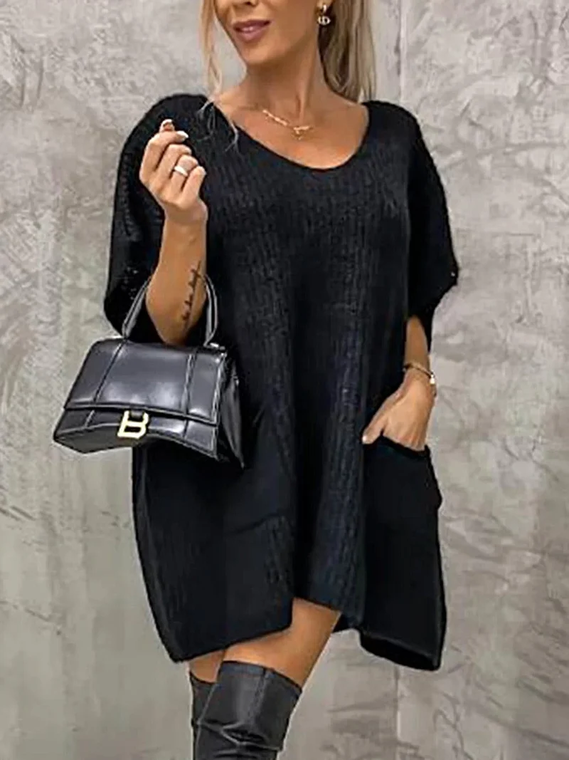 Damesjurk met korte mouwen en zakken - Elegante stretch gebreide stijl