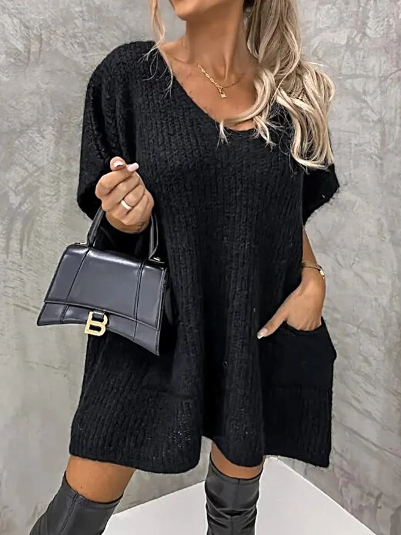 Damesjurk met korte mouwen en zakken - Elegante stretch gebreide stijl