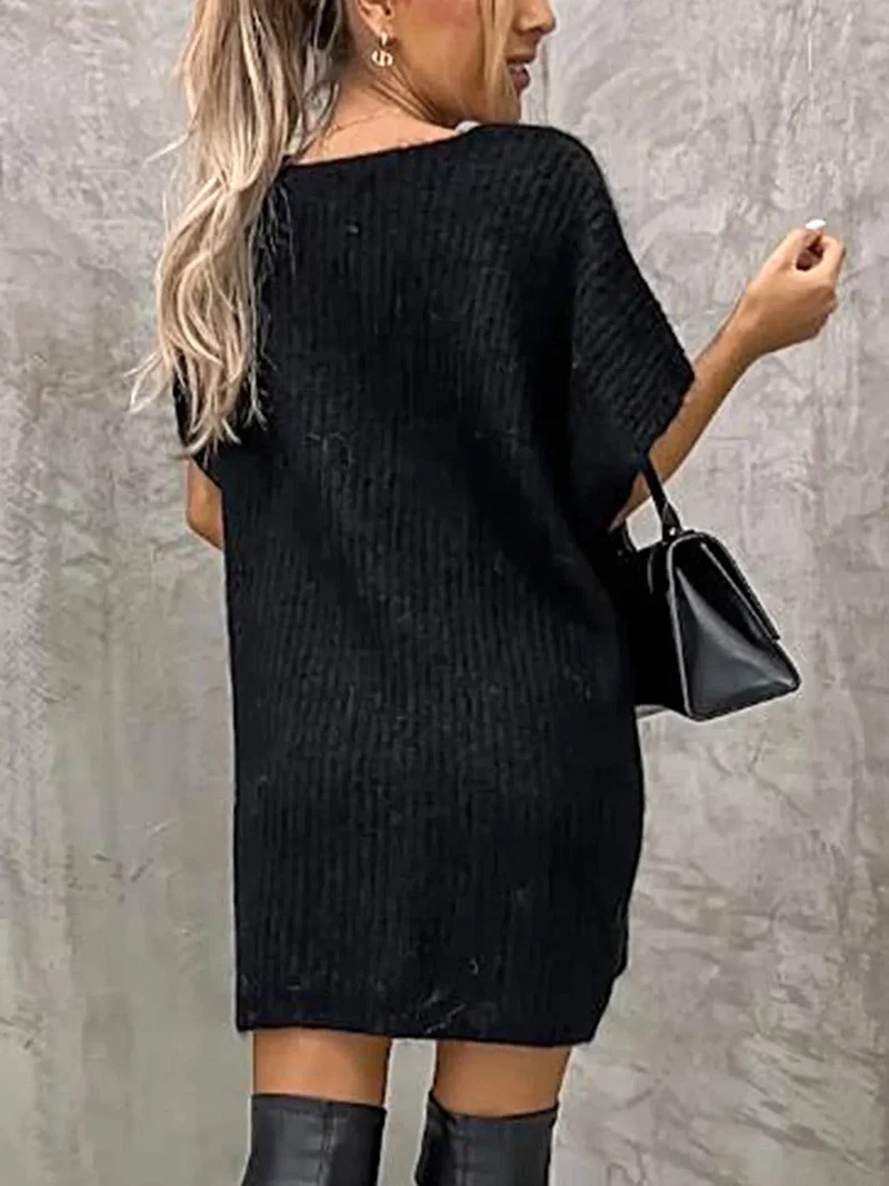 Damesjurk met korte mouwen en zakken - Elegante stretch gebreide stijl