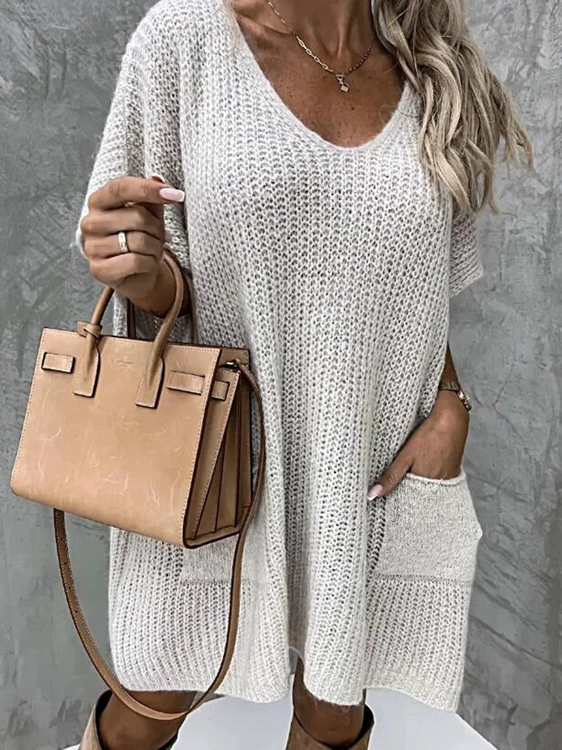Damesjurk met korte mouwen en zakken - Elegante stretch gebreide stijl