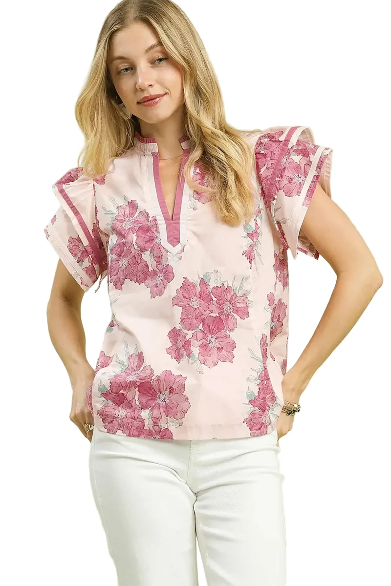Elegante blouse met bloemenprint, ruches, een splitkraag en dubbele wijdvallende mouwen.