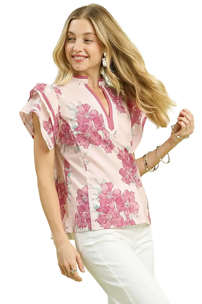 Elegante blouse met bloemenprint, ruches, een splitkraag en dubbele wijdvallende mouwen.