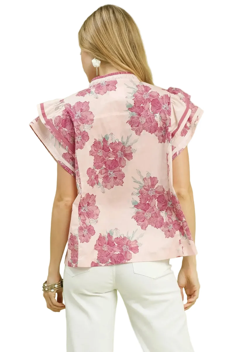 Elegante blouse met bloemenprint, ruches, een splitkraag en dubbele wijdvallende mouwen.