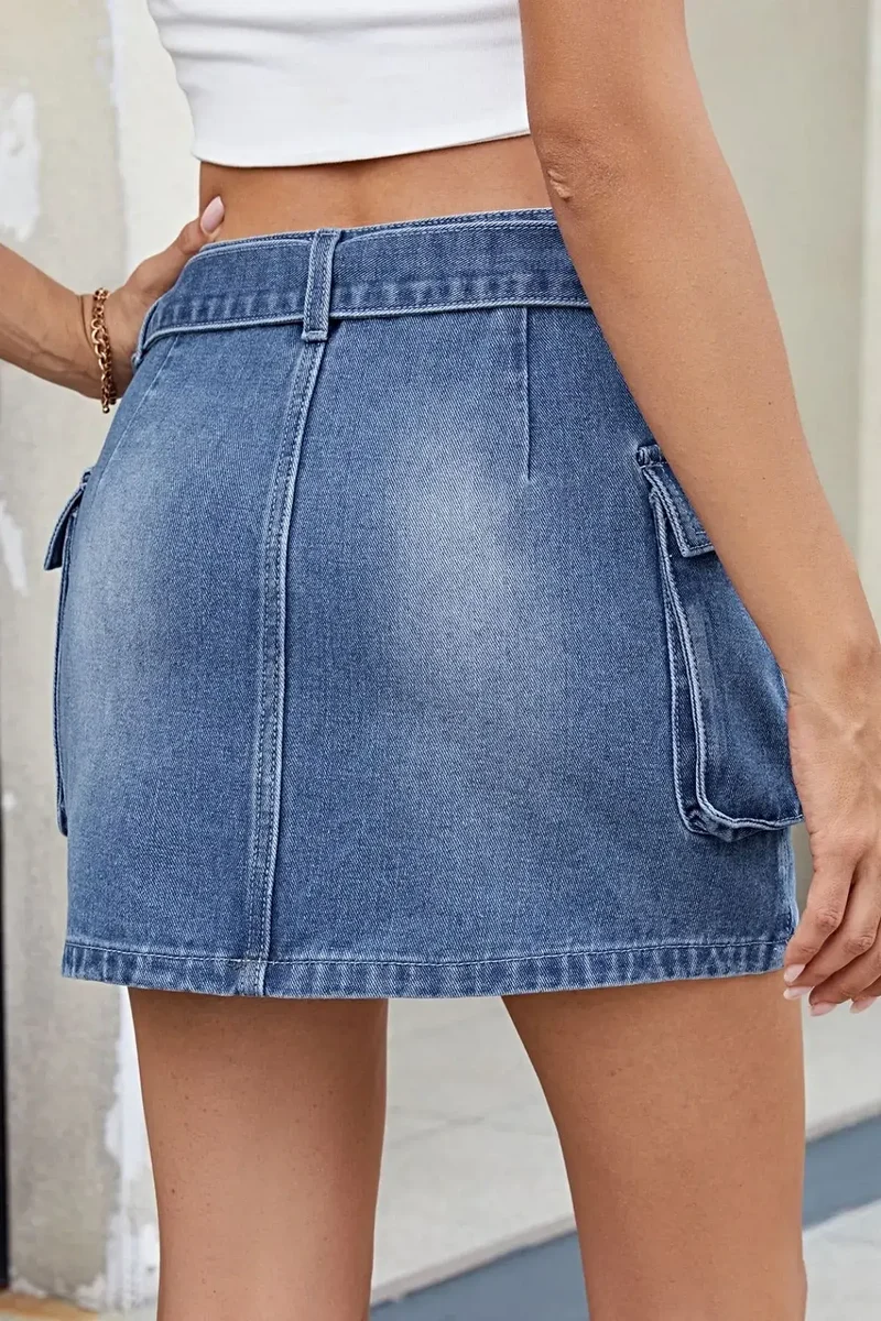 Stijlvol denim minirokje met gekruiste tailleband en zakken - Licht elastische stof