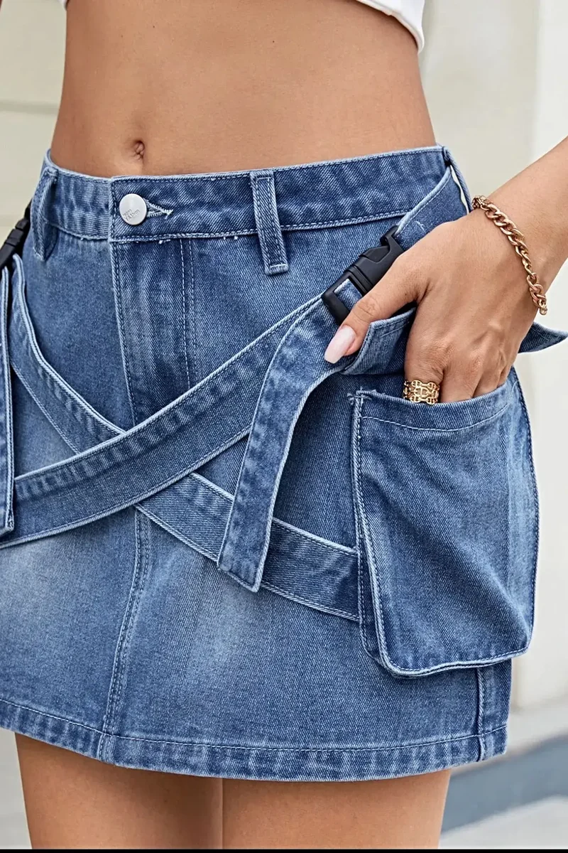 Stijlvol denim minirokje met gekruiste tailleband en zakken - Licht elastische stof
