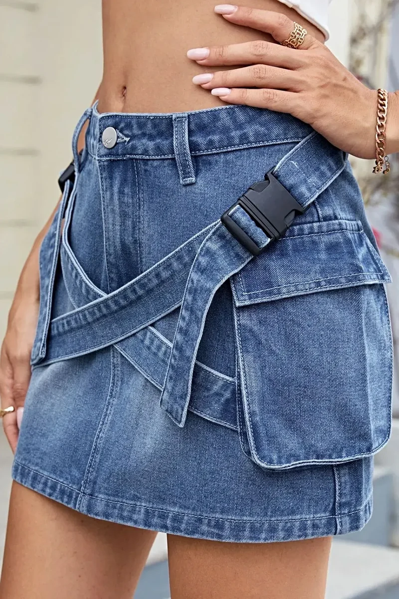 Stijlvol denim minirokje met gekruiste tailleband en zakken - Licht elastische stof