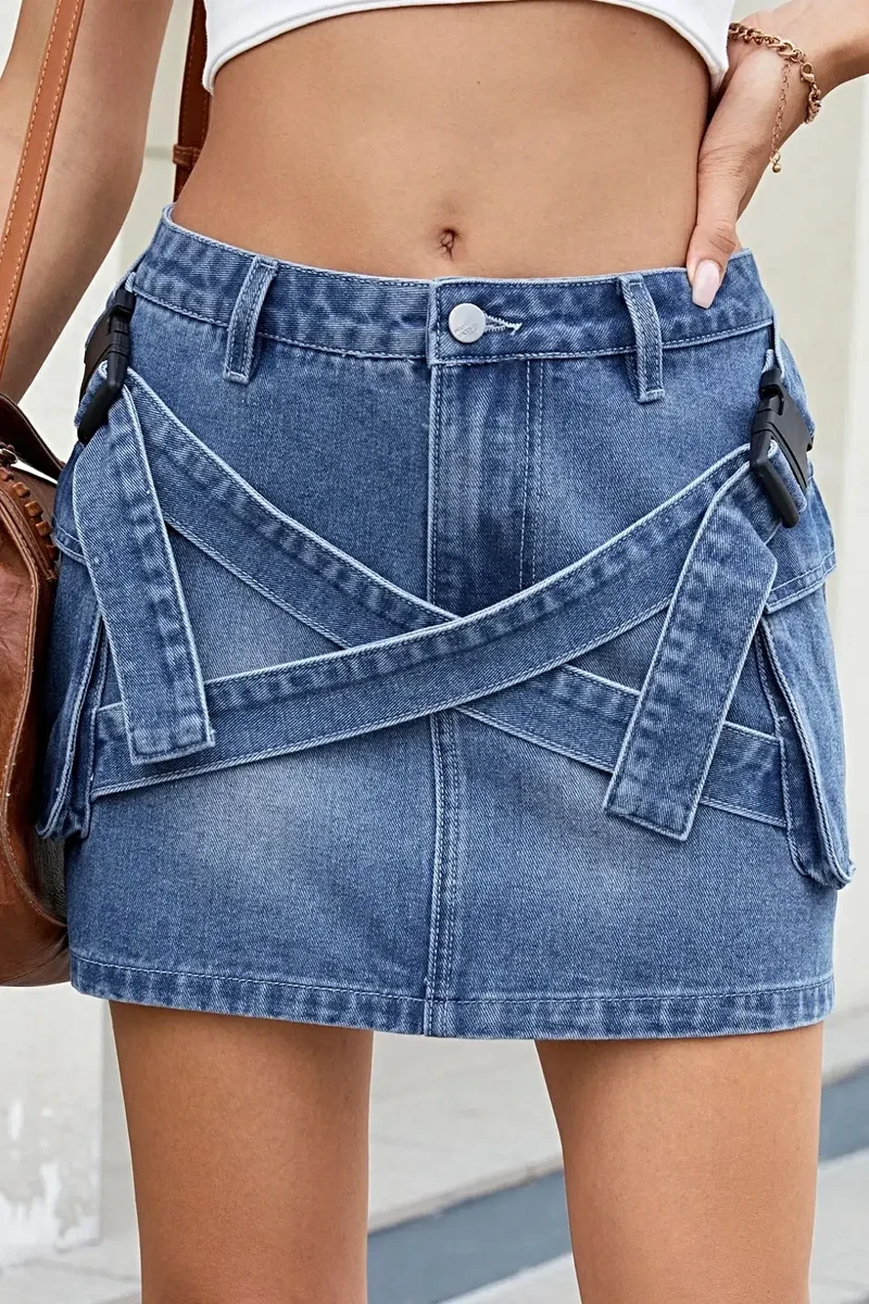 Stijlvol denim minirokje met gekruiste tailleband en zakken - Licht elastische stof