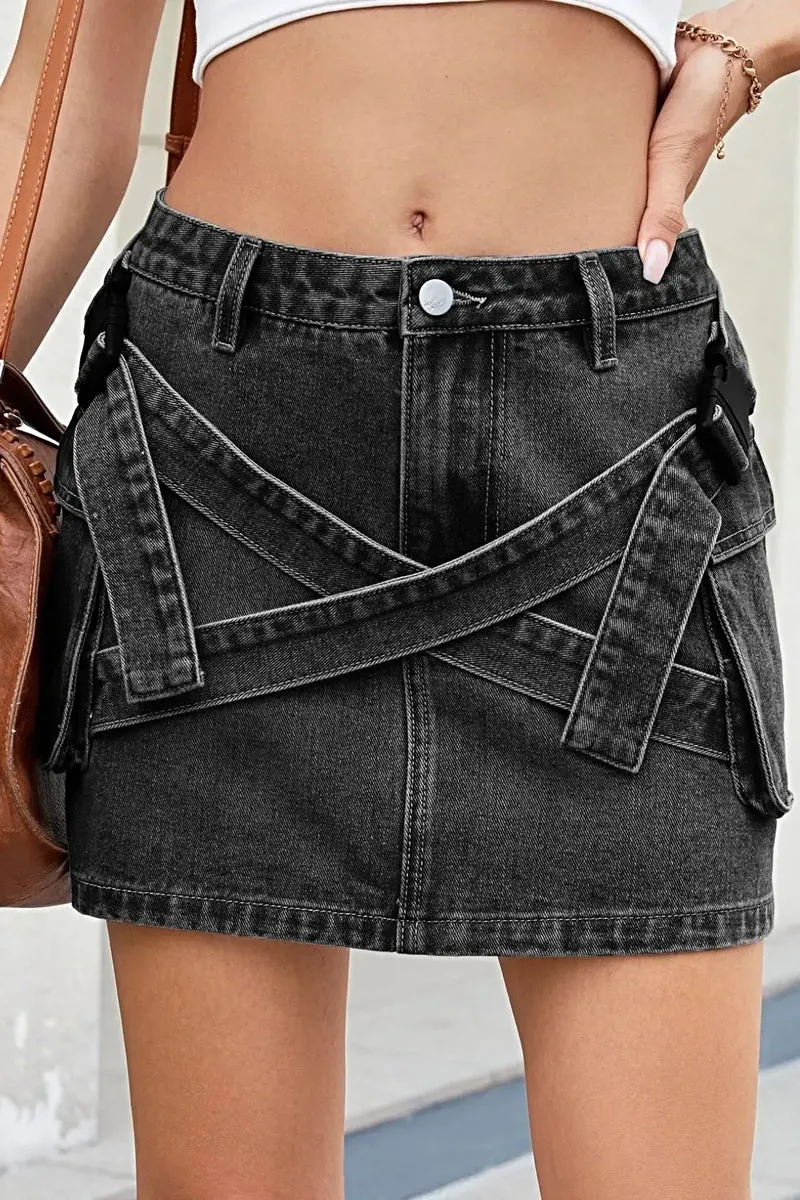 Stijlvol denim minirokje met gekruiste tailleband en zakken - Licht elastische stof