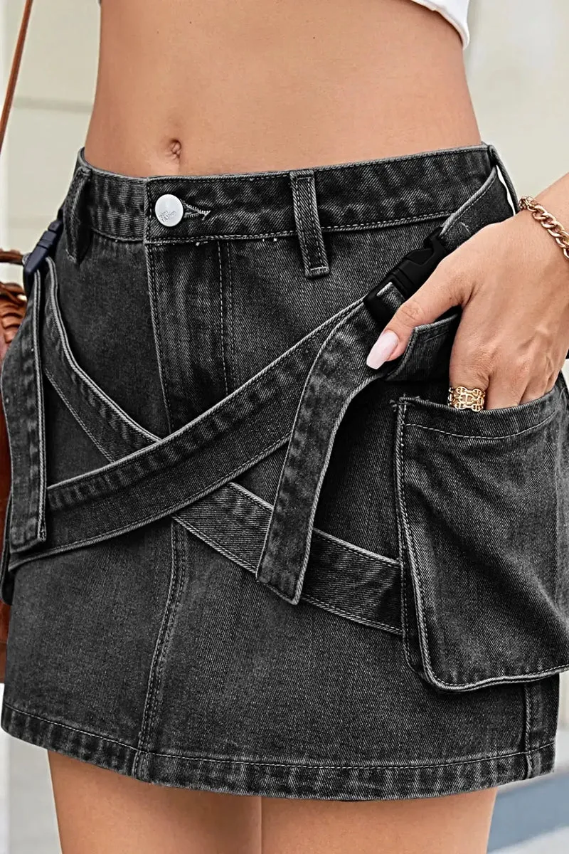 Stijlvol denim minirokje met gekruiste tailleband en zakken - Licht elastische stof