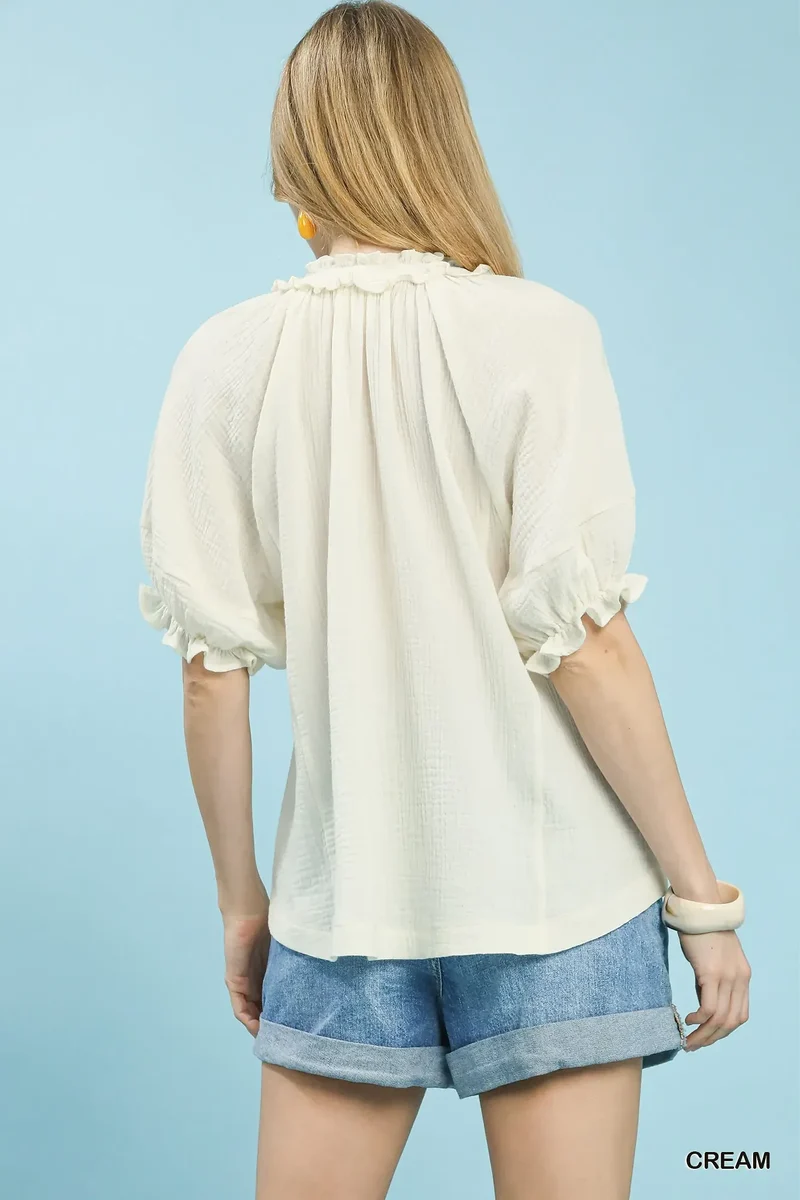 Elegante top van katoenen gaas met ruches en kanten afwerking - Lichtgewicht en luchtige casual stijl