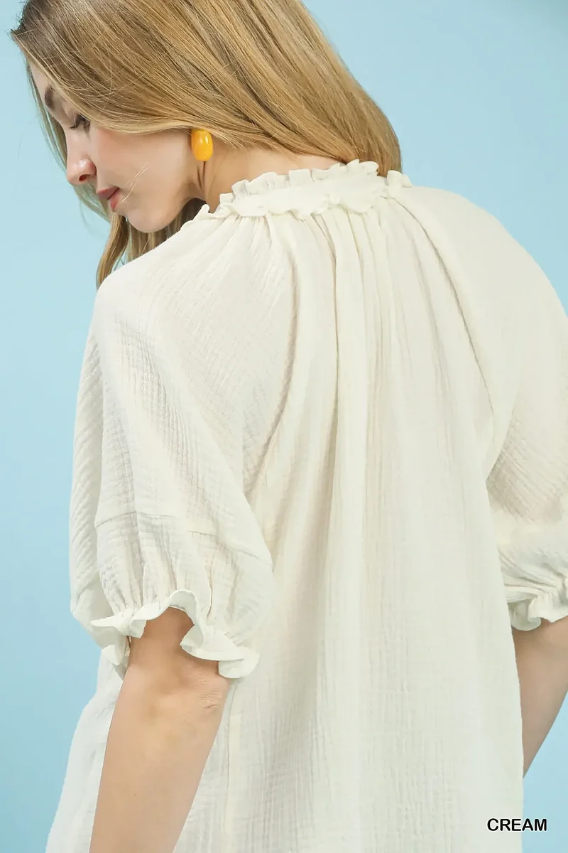 Elegante top van katoenen gaas met ruches en kanten afwerking - Lichtgewicht en luchtige casual stijl
