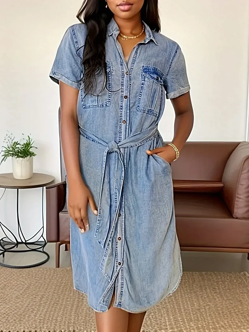 Elegante denim jurk met knoopsluiting aan de voorkant, riem en zakken - korte mouwen, klassieke pasvorm