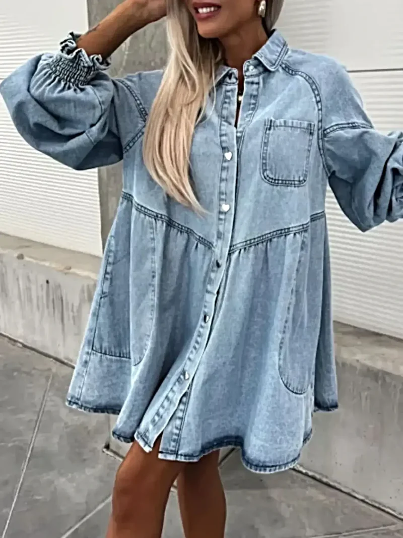 Chique oversized denimjurk met zakken – stijlvol ontwerp met lange mouwen en knoopsluiting