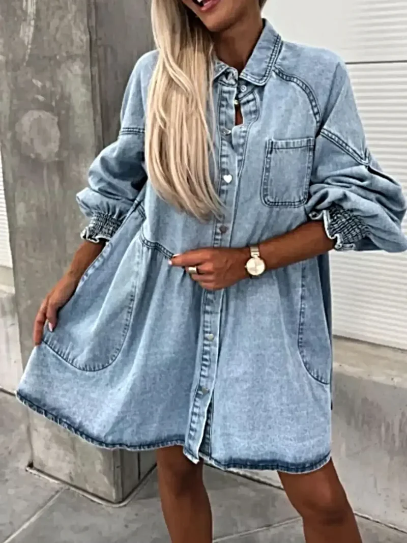 Chique oversized denimjurk met zakken – stijlvol ontwerp met lange mouwen en knoopsluiting