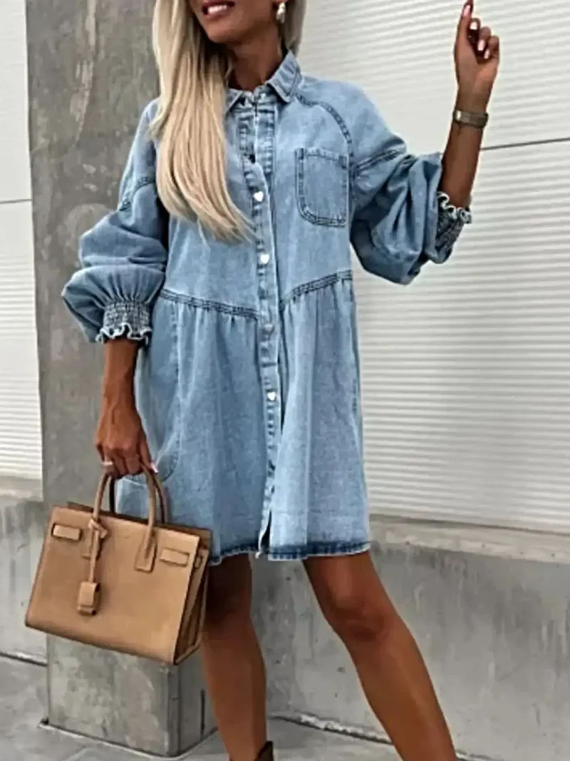 Chique oversized denimjurk met zakken – stijlvol ontwerp met lange mouwen en knoopsluiting