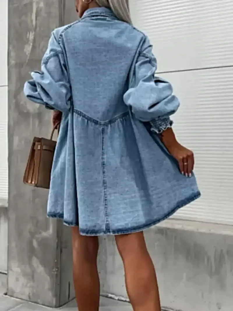 Chique oversized denimjurk met zakken – stijlvol ontwerp met lange mouwen en knoopsluiting