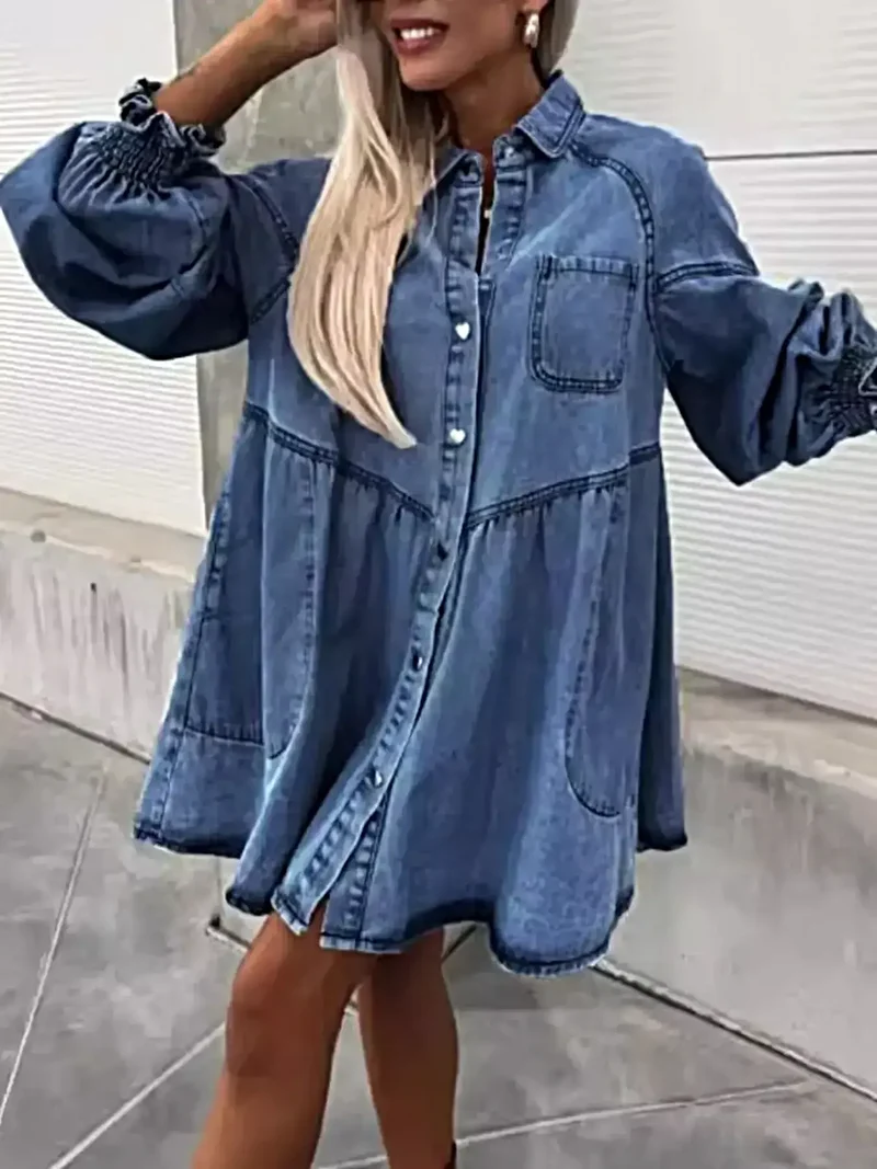 Chique oversized denimjurk met zakken – stijlvol ontwerp met lange mouwen en knoopsluiting