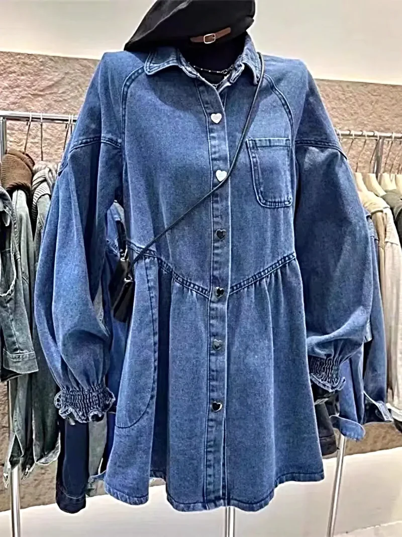 Chique oversized denimjurk met zakken – stijlvol ontwerp met lange mouwen en knoopsluiting