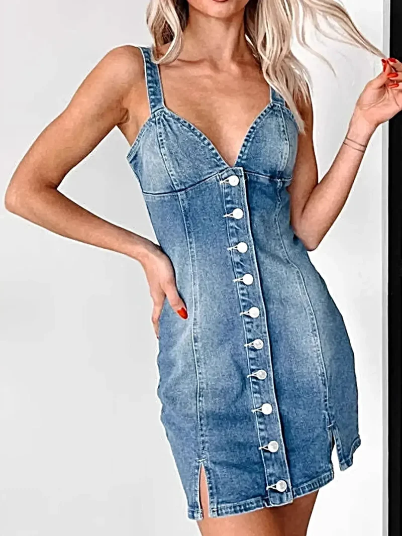 Licht elastische denim minijurk met knoopsluiting aan de voorkant en sweetheart-halslijn - chique stijl