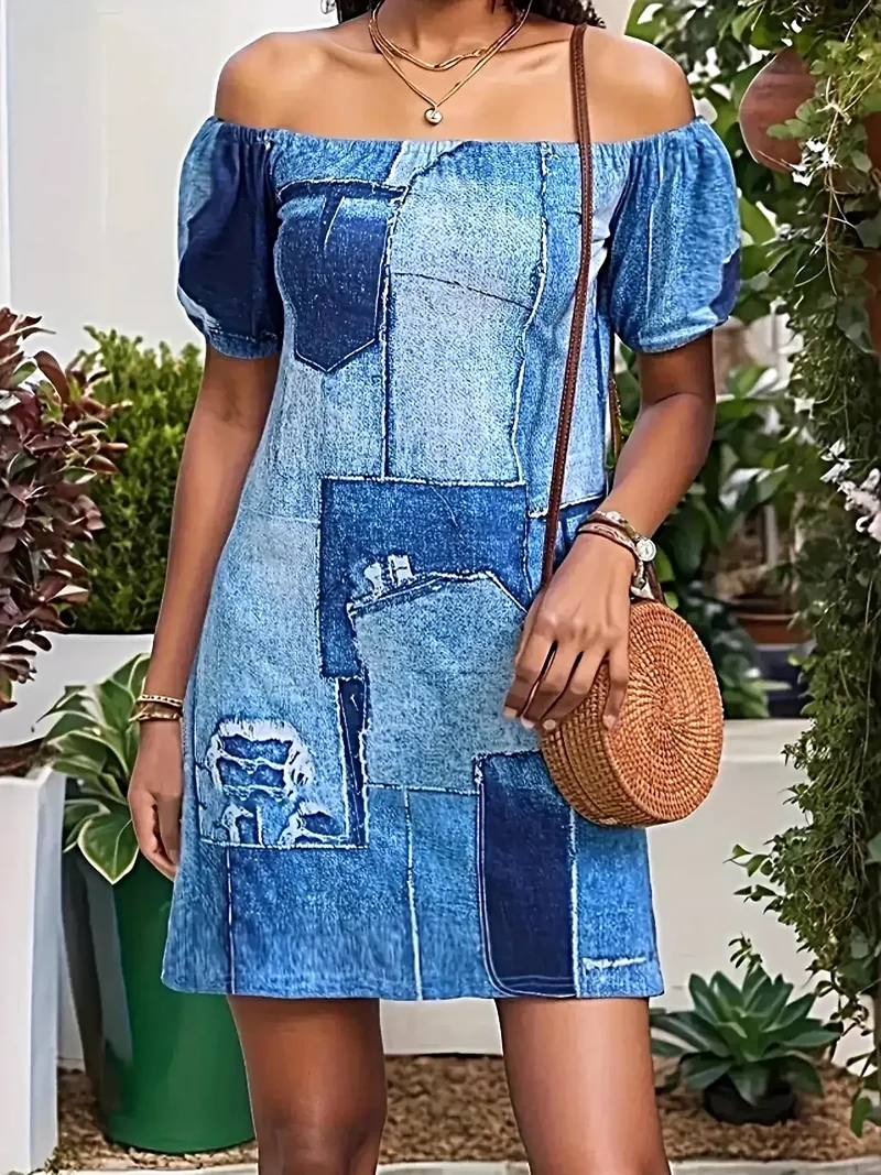 Elegante off-shoulder denim jurk - Klassieke mini-stijl met stijlvol patchworkdesign, 100% polyester
