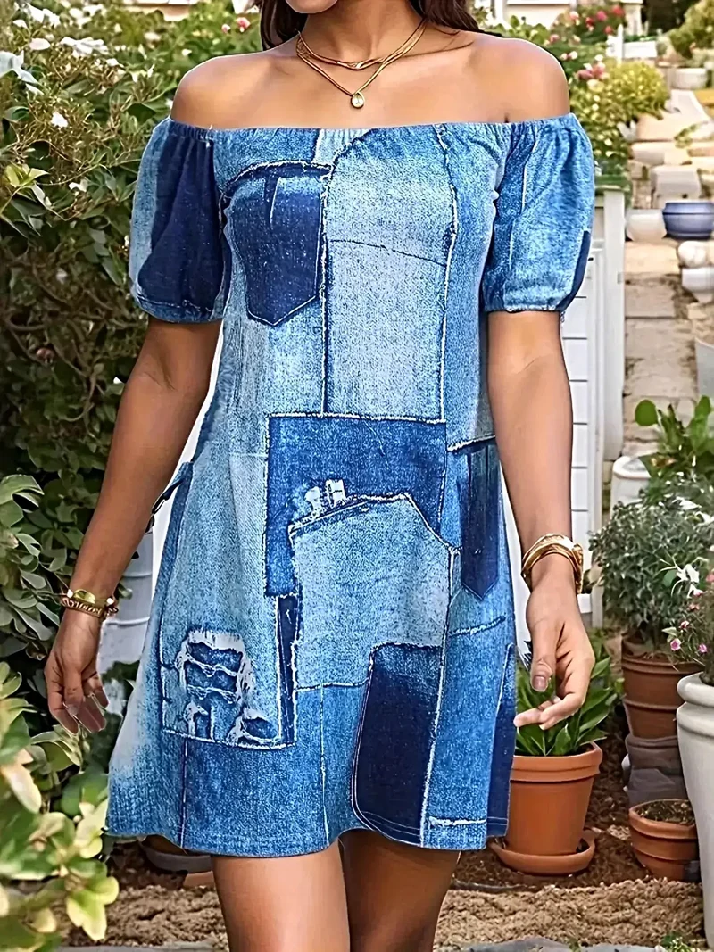 Elegante off-shoulder denim jurk - Klassieke mini-stijl met stijlvol patchworkdesign, 100% polyester