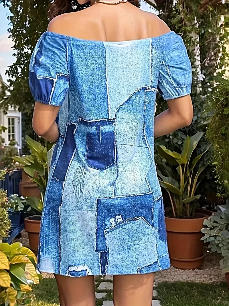 Elegante off-shoulder denim jurk - Klassieke mini-stijl met stijlvol patchworkdesign, 100% polyester