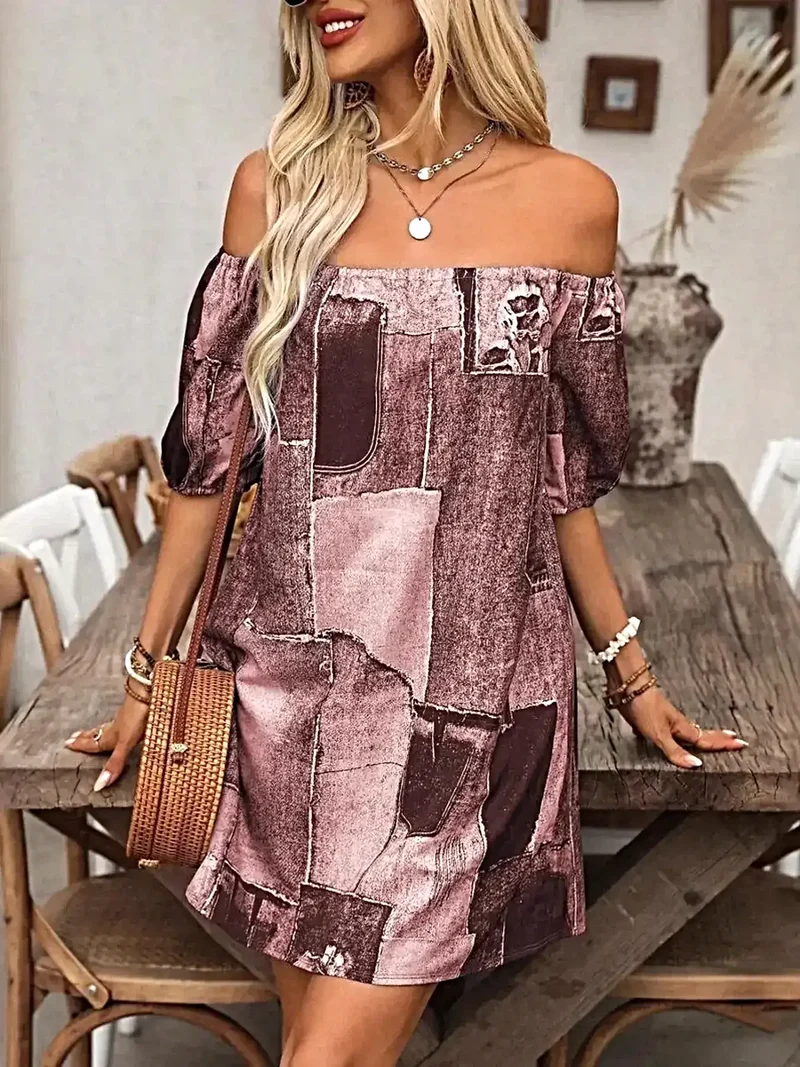 Elegante off-shoulder denim jurk - Klassieke mini-stijl met stijlvol patchworkdesign, 100% polyester