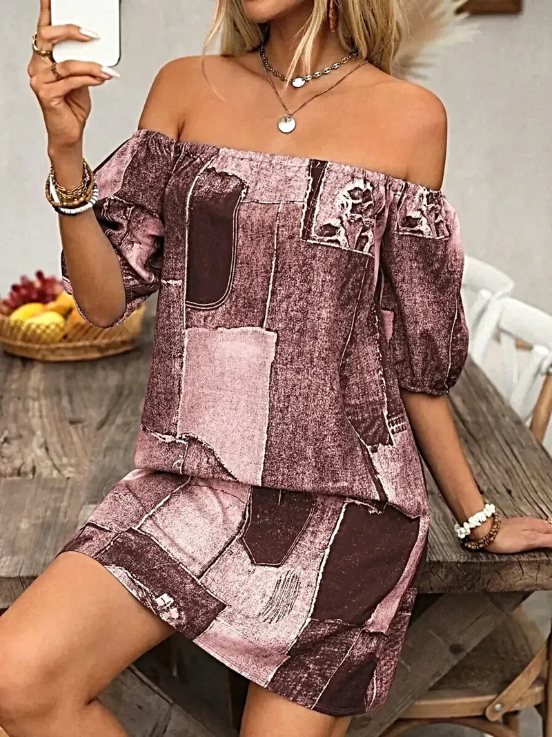 Elegante off-shoulder denim jurk - Klassieke mini-stijl met stijlvol patchworkdesign, 100% polyester