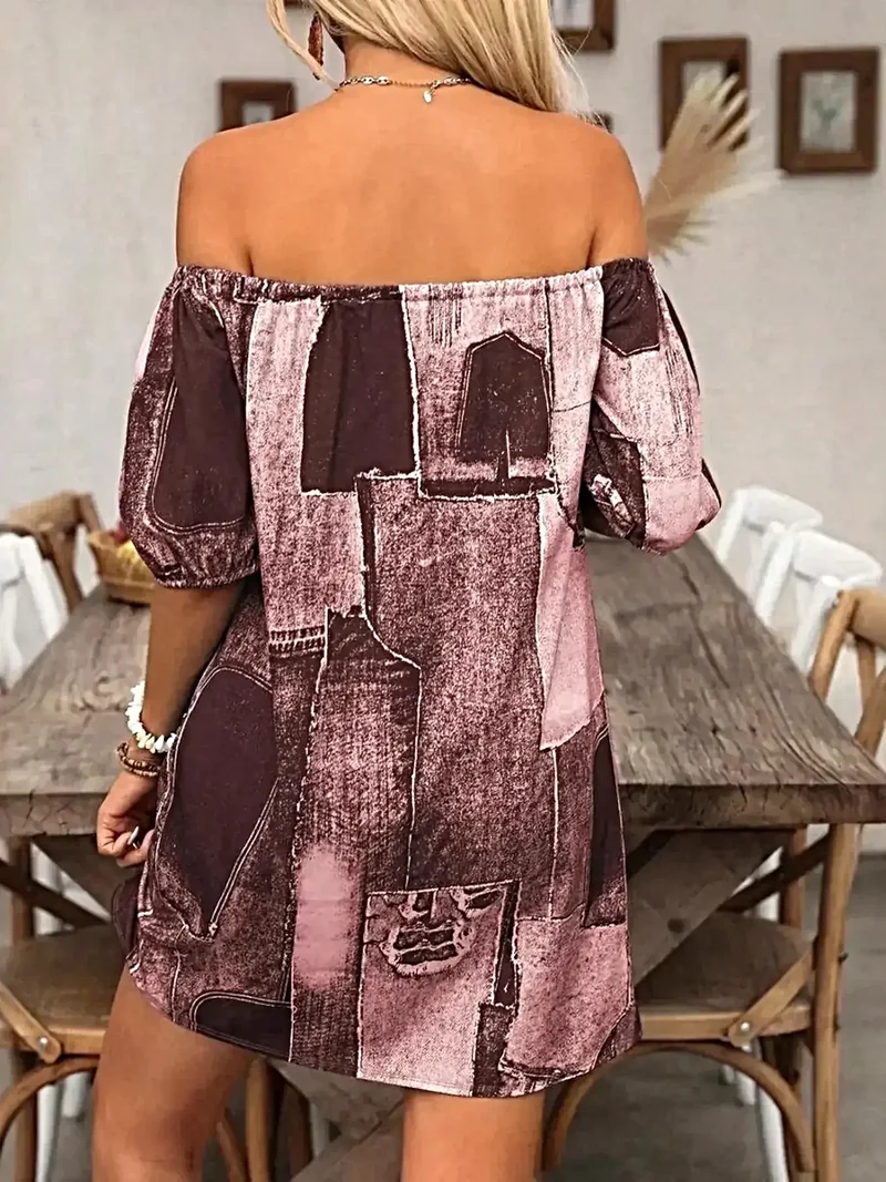 Elegante off-shoulder denim jurk - Klassieke mini-stijl met stijlvol patchworkdesign, 100% polyester