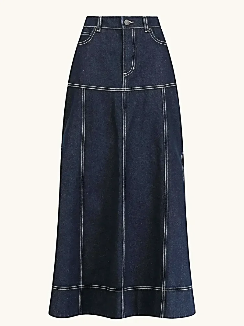 Hoge taille denim rok met zijsplit en contrasterende stiksels – elegante maxi-rok voor een moderne stijl