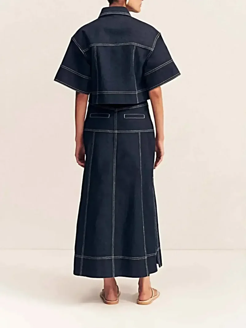 Hoge taille denim rok met zijsplit en contrasterende stiksels – elegante maxi-rok voor een moderne stijl
