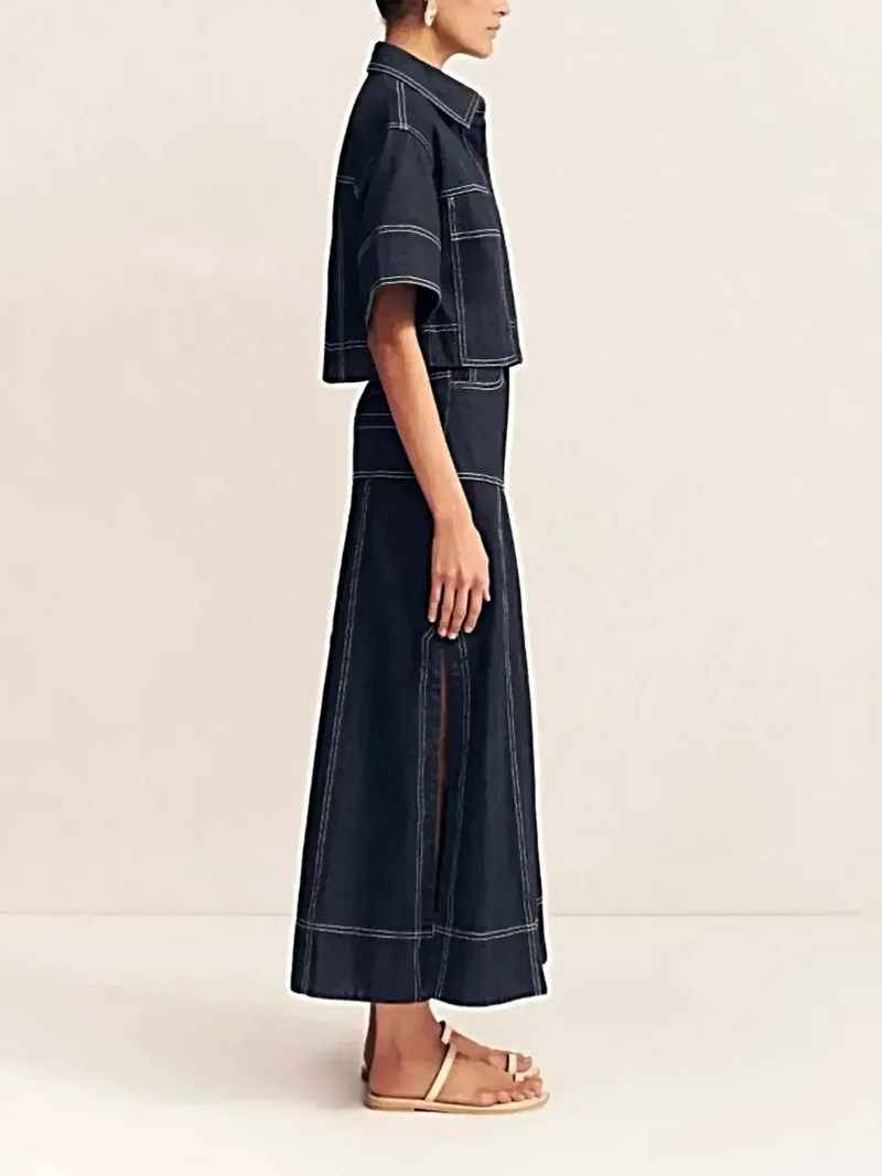 Hoge taille denim rok met zijsplit en contrasterende stiksels – elegante maxi-rok voor een moderne stijl