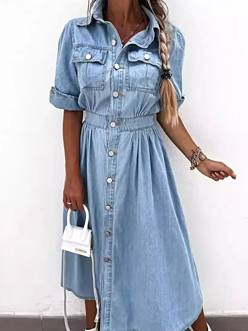 Elegante blousejurk met knoopsluiting, oprolbare mouwen en zakken, ook verkrijgbaar in grote maten.