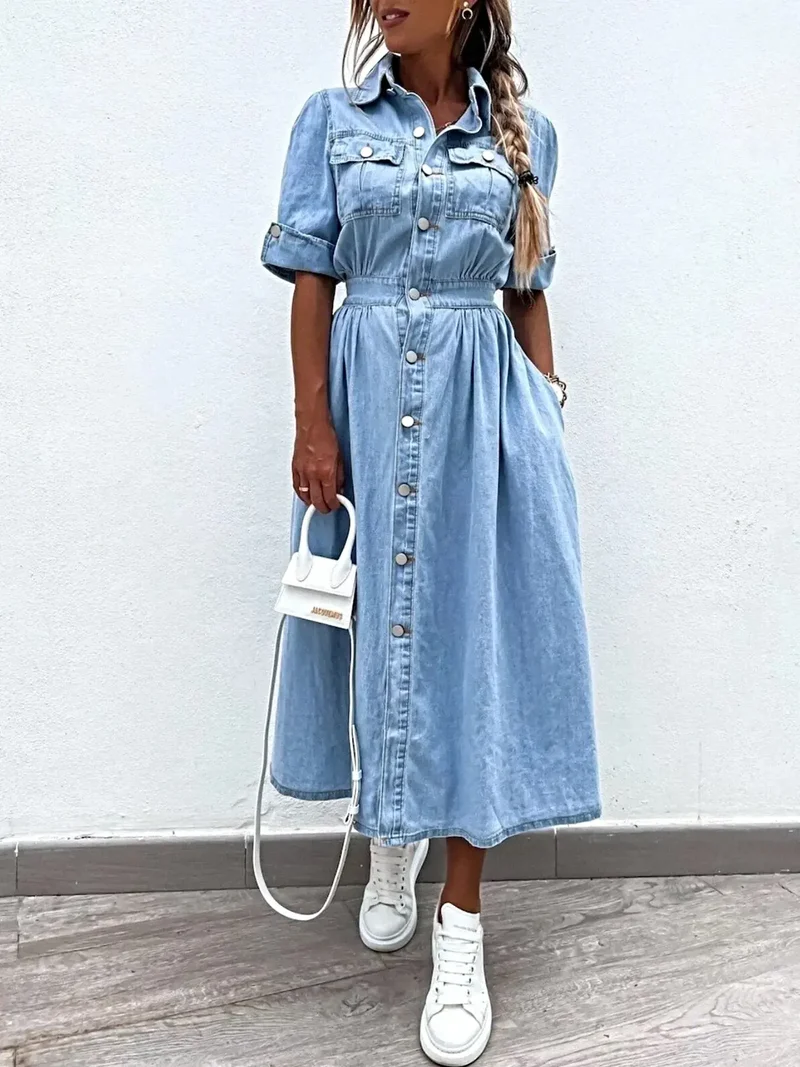 Elegante blousejurk met knoopsluiting, oprolbare mouwen en zakken, ook verkrijgbaar in grote maten.