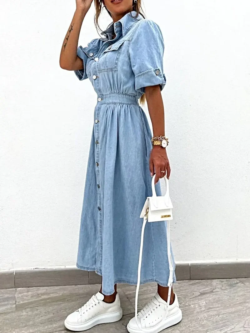 Elegante blousejurk met knoopsluiting, oprolbare mouwen en zakken, ook verkrijgbaar in grote maten.
