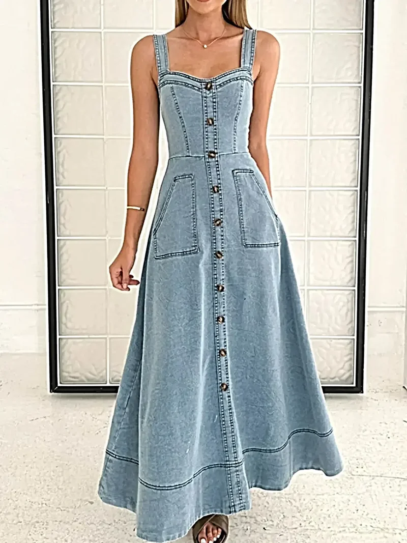 Chique jurk met sweetheart-halslijn, knoopjes en zakken - 100% polyester, niet-elastische stof