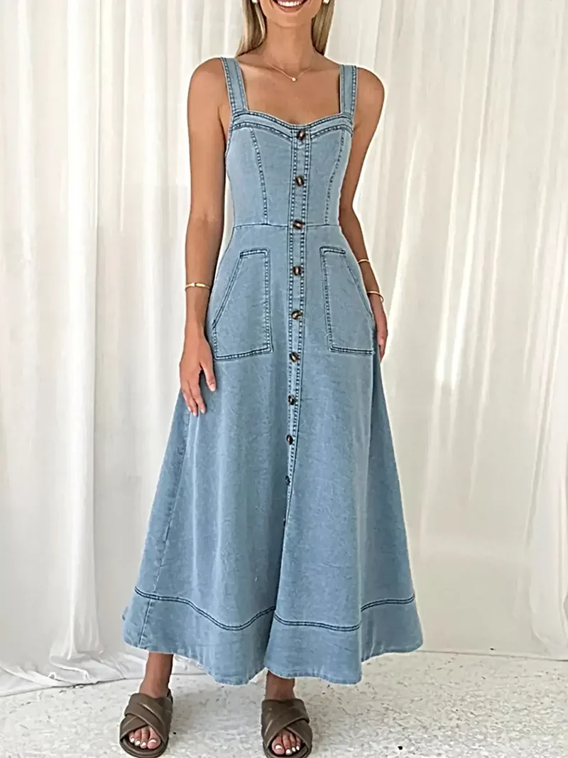 Chique jurk met sweetheart-halslijn, knoopjes en zakken - 100% polyester, niet-elastische stof