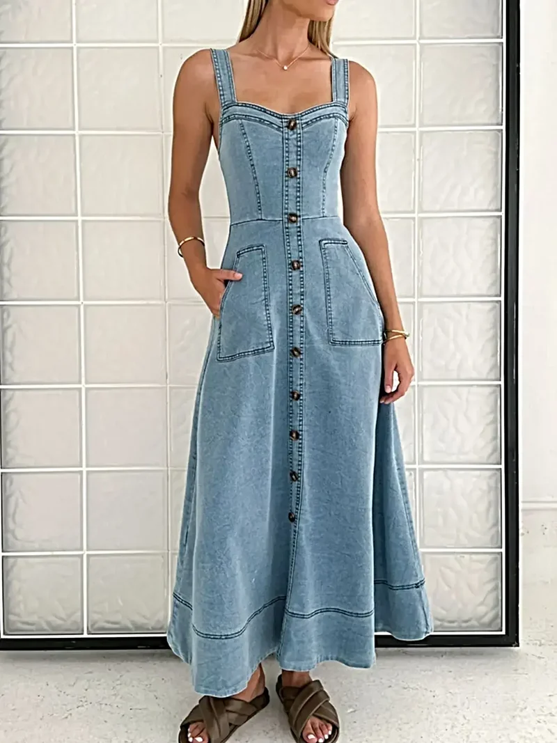 Chique jurk met sweetheart-halslijn, knoopjes en zakken - 100% polyester, niet-elastische stof