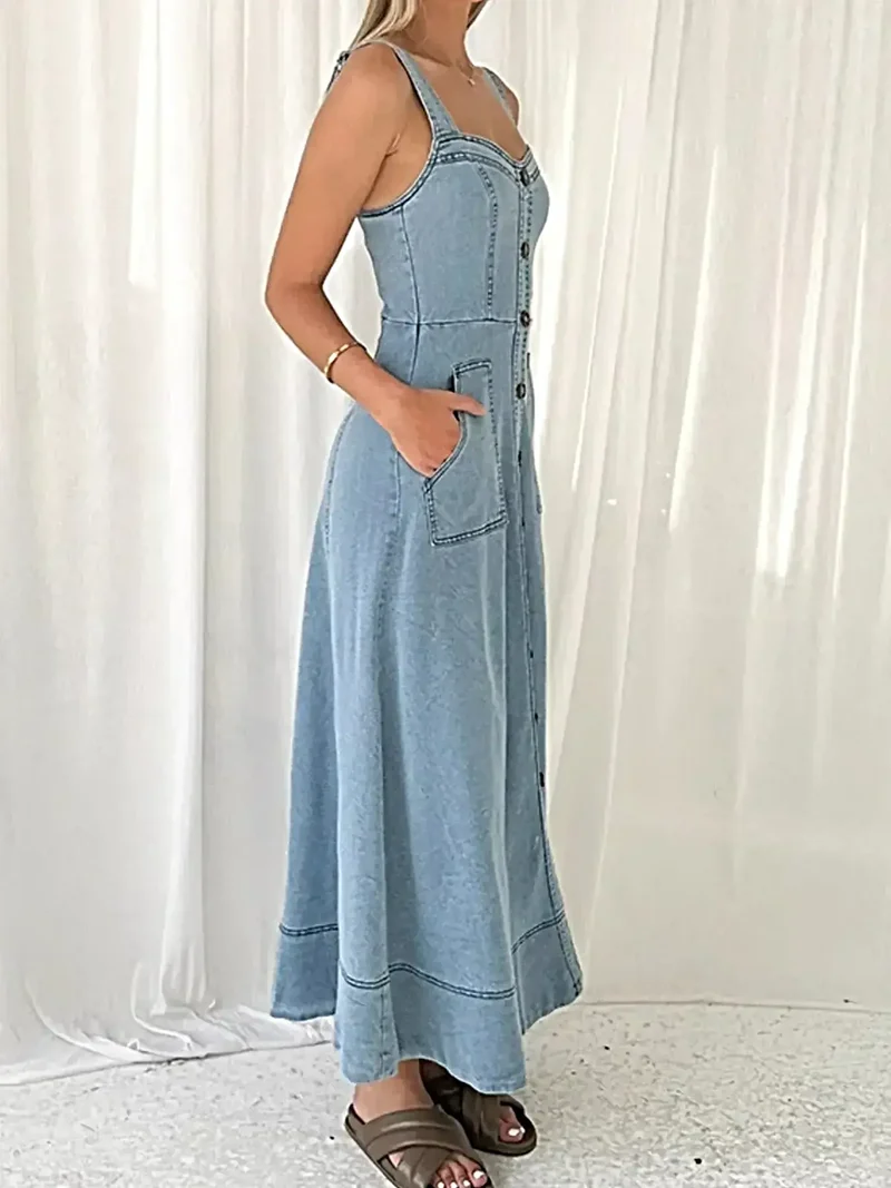 Chique jurk met sweetheart-halslijn, knoopjes en zakken - 100% polyester, niet-elastische stof