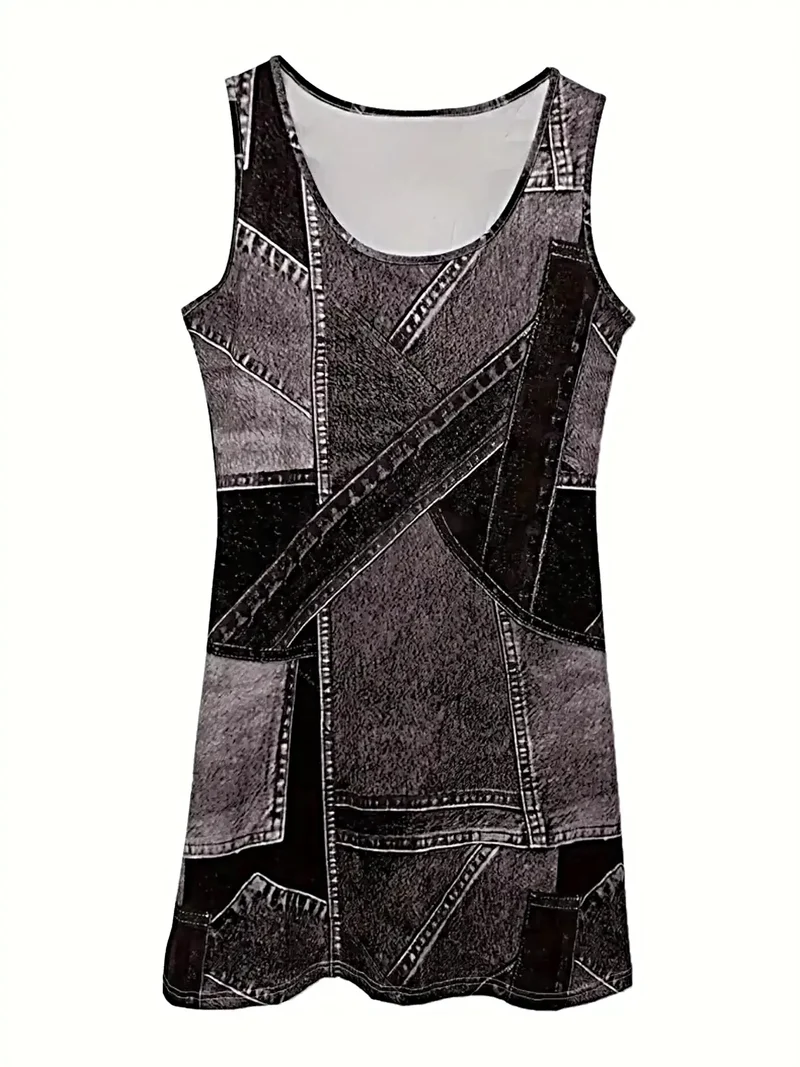 Patchwork denim jurk - Mouwloze midi-jurk met ronde hals en zakken - Veelzijdig en stijlvol